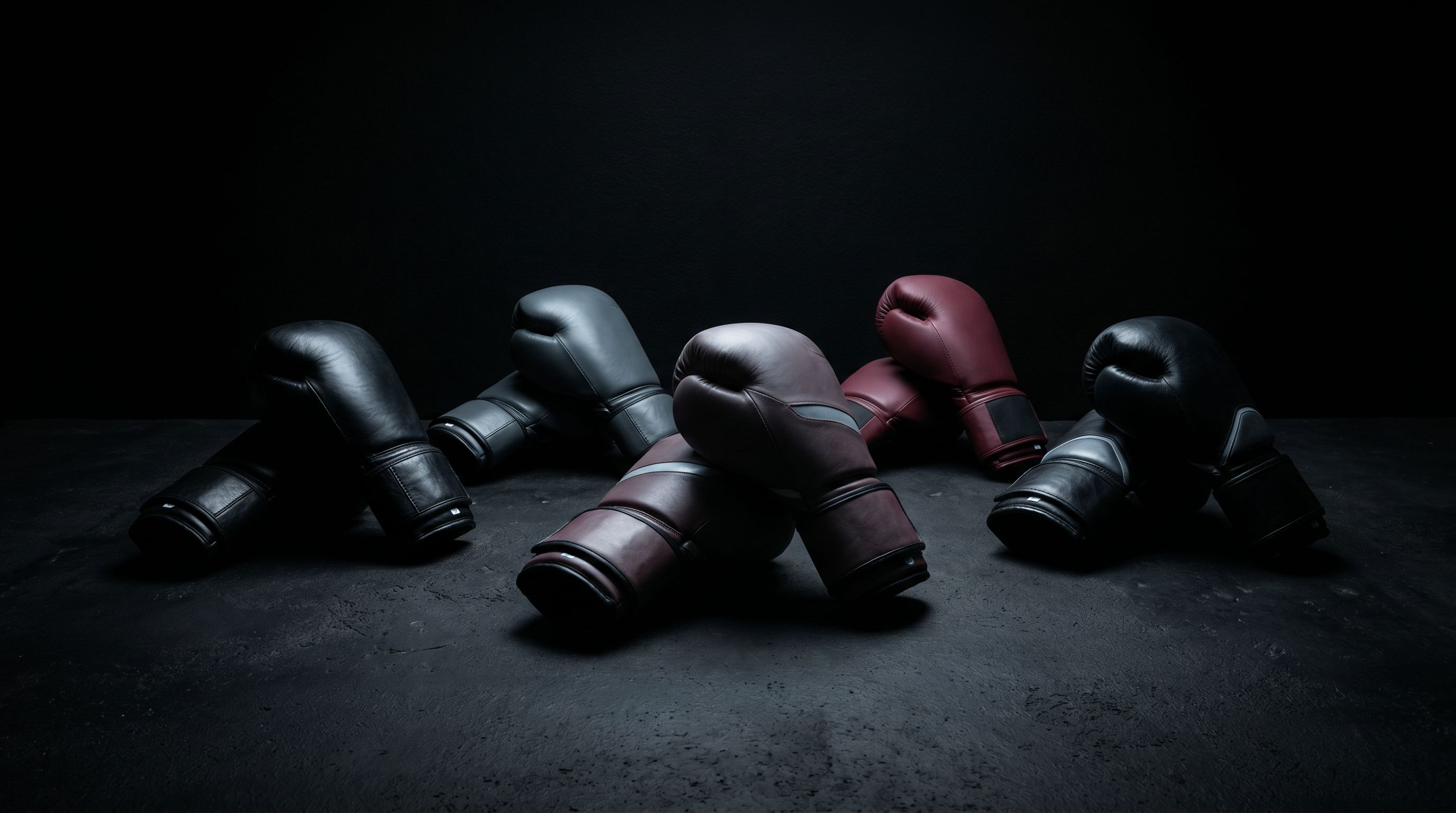 Gant de boxe en cuir noir avec finition mate — éclairage de contre-jour latéral révélant la texture